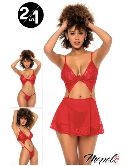 Women's Corset Style Lingerie Tri-Style Set with Underwired Bra Red