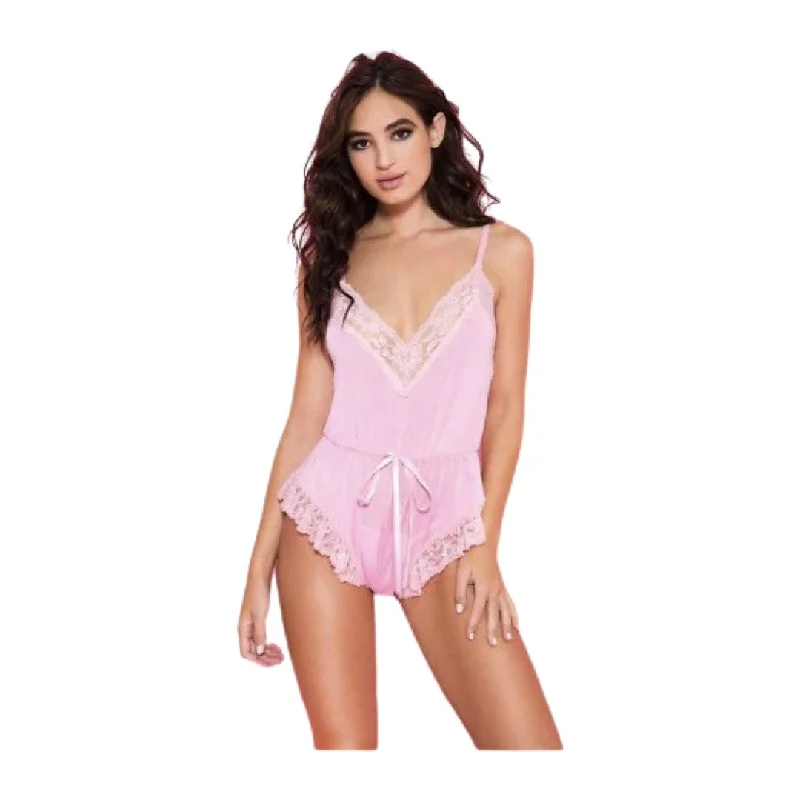 Plus Size Lace Lingerie for Women Lace Trim Romper Baby Pink