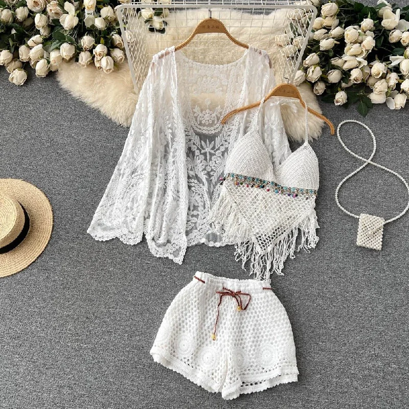 Women's Bridal Lingerie Collection Three Piece Crochet Beach Set By Sinderella