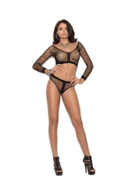 Designer Lingerie Sets for Women Plus Size Long Sleeve Fence Net Cami and Booty Shorts Black