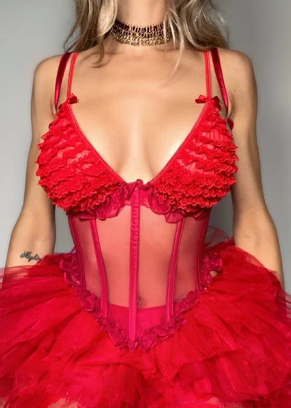 Velvet bustiers for a soft and plush feelSheer Coquette Red Ruffle Mesh Corset – 1990s Deadstock Vintage (Made in USA) Velvet bustiers for a soft and plush feelSheer Coquette Red Ruffle Mesh Corset – 1990s Deadstock Vintage (Made in USA)