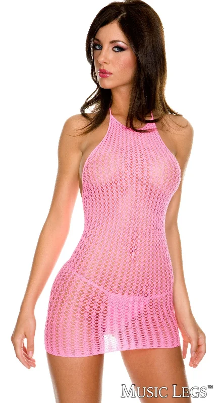 Women's Corset Style Lingerie Halter Crochet Mini with G-String Pink