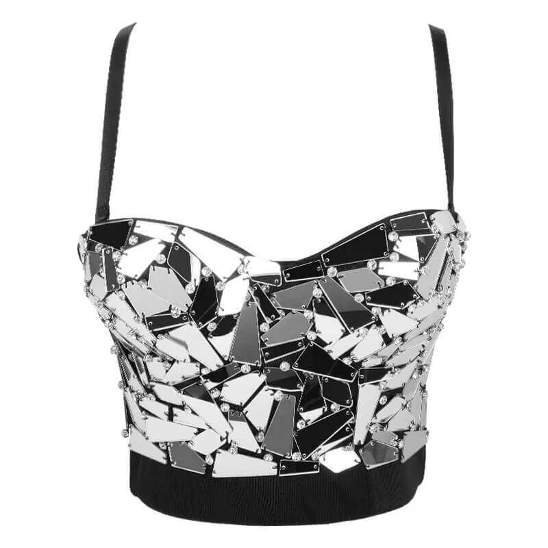 Retro - 1950s corsets with a cinched waistSilver Mirror Sequins Embellished Beads Corset Top Retro - 1950s corsets with a cinched waistSilver Mirror Sequins Embellished Beads Corset Top