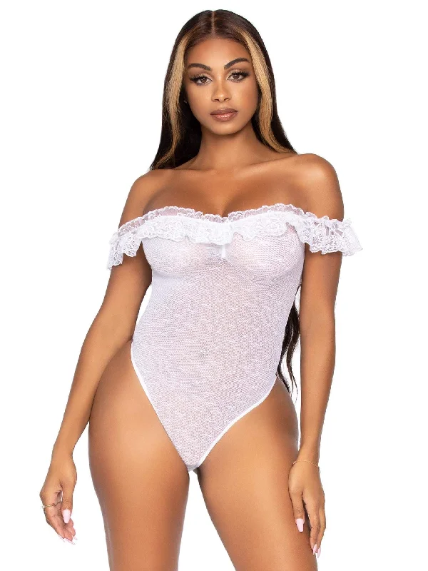 Elegant French Lace Lingerie for Women Lace Ruffle Snap Crotch Teddy White
