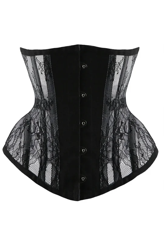 Modern - design corsets with a minimalist aestheticBlack Steel Boned Lace Mesh Panel Underbust Modern - design corsets with a minimalist aestheticBlack Steel Boned Lace Mesh Panel Underbust