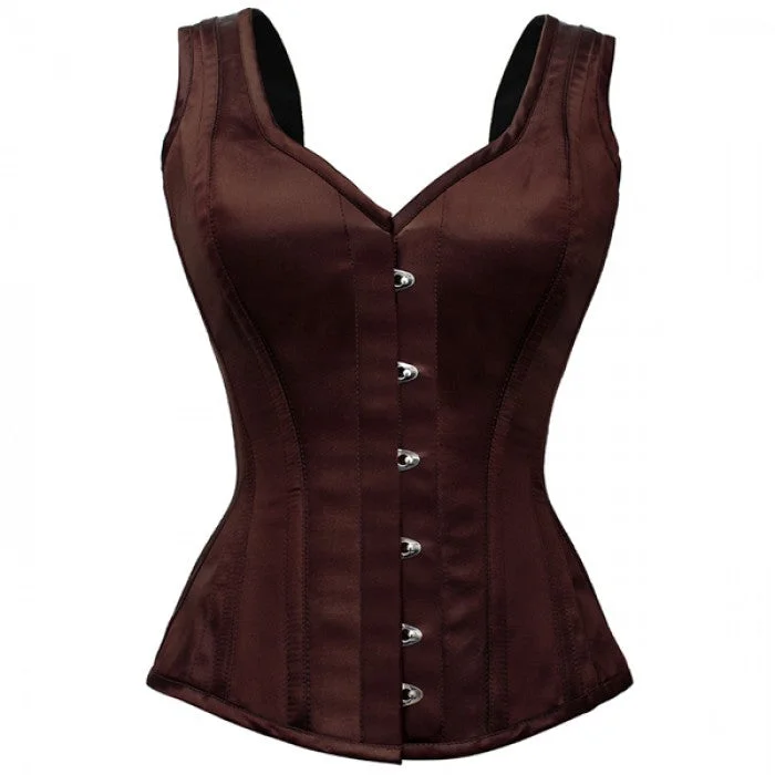 French - style bustiers for a romantic lookNeveah Brown Satin Shoulder Straps Overbust Steel Boned Corset French - style bustiers for a romantic lookNeveah Brown Satin Shoulder Straps Overbust Steel Boned Corset