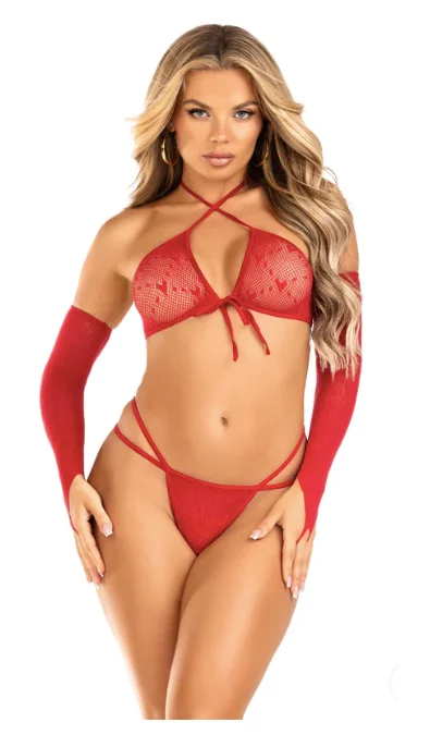 Eco-Friendly Organic Lingerie for Women Heart Net Crop Top, G-String and Gauntlet Set Red