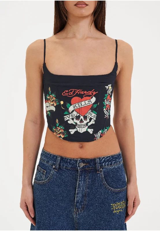 Halloween - themed corsets for a spooky costumeWomens Love Kills Tattoo Corset Top - Navy Halloween - themed corsets for a spooky costumeWomens Love Kills Tattoo Corset Top - Navy