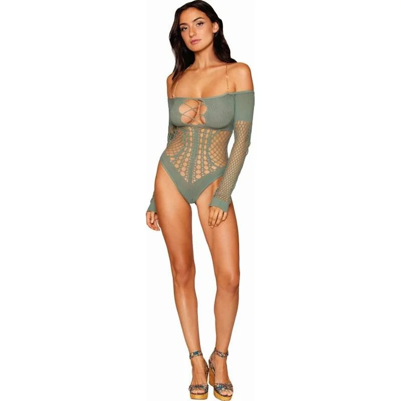 Sensual Lingerie for Women's Night OutDreamgirl Seamless Long Sleeve Teddy with Removeable Gold Halter Chain Sage Sensual Lingerie for Women's Night OutDreamgirl Seamless Long Sleeve Teddy with Removeable Gold Halter Chain Sage