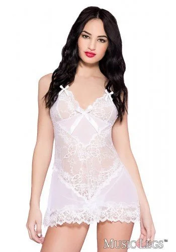 Women's Sheer Lingerie Nightgowns Lace and Mesh Baby Doll with Ribbon White