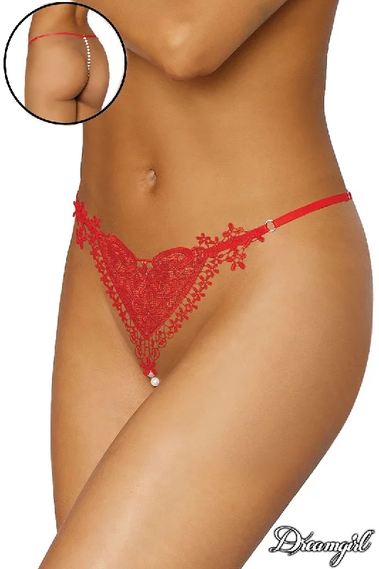 Breathable Bamboo Lingerie for Women Heart Pearl G-String Red