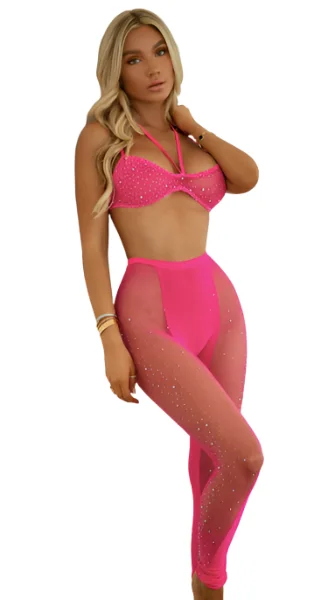 Women's Everyday Wear Lingerie Rhinestone Two Piece Set Neon Pink