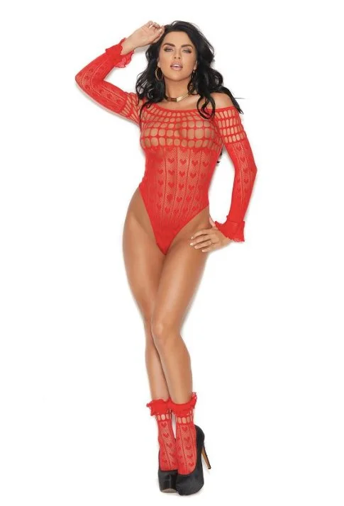 Women's Tummy Control Lingerie Plus Size Long Sleeve Teddy and Anklets Red