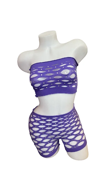 Eco-Friendly Organic Lingerie for Women Rhinestone Pot Hole Bandeau and Short Set Purple