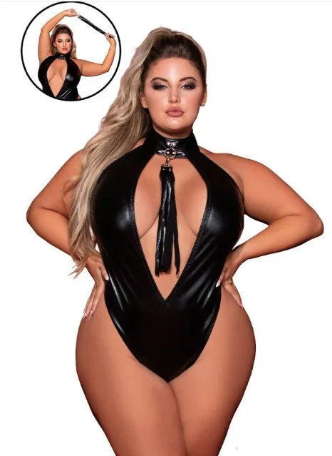 Vintage Inspired Lingerie for Women Plus Size Halter Teddy with Flogger Collar