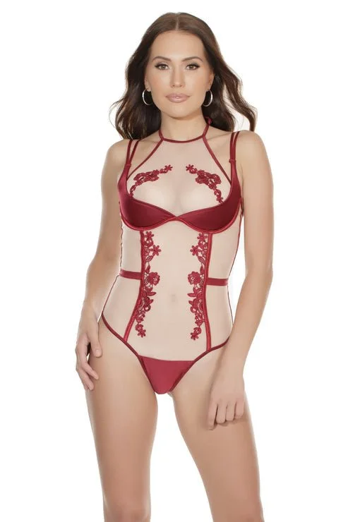 Comfortable Cotton Lingerie for Women Floral Applique Teddy Red/Nude