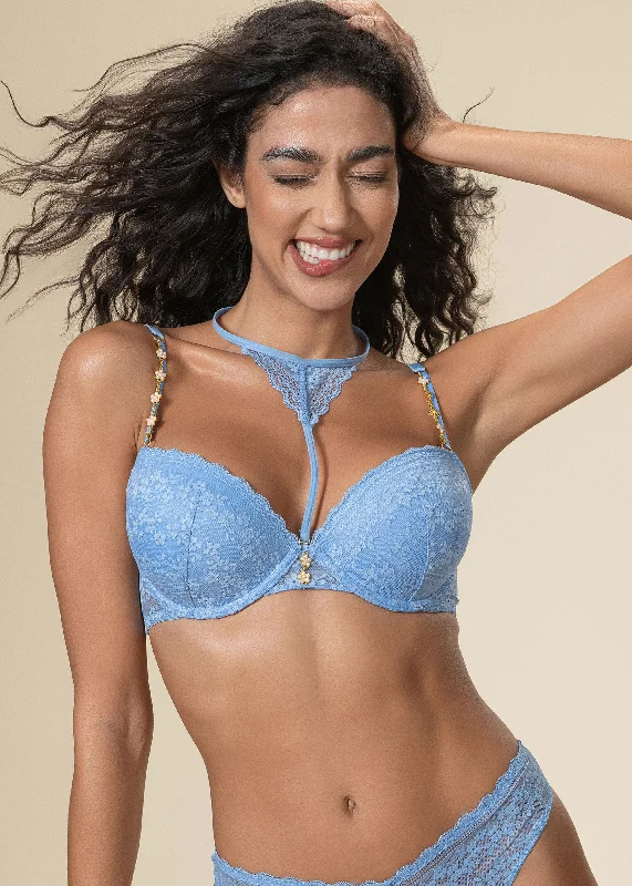 Lingerie Gift Sets for Women MOLLY Underwired Blue Floral Lace Demi Bra with Detachable Neck Holder