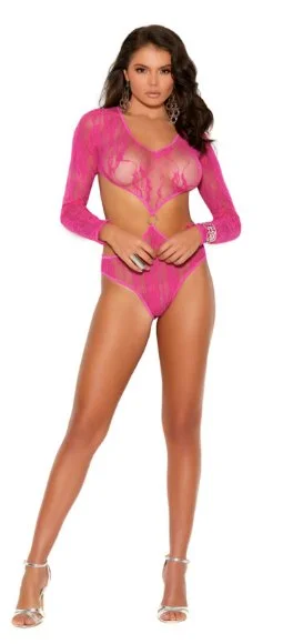 Women's Corset Style Lingerie Long Sleeve Lace Teddy with Cutouts PInk