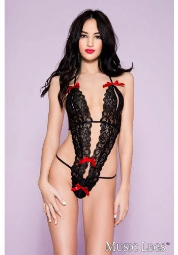 Women's Corset Style Lingerie Halter Neck Lace Teddy with Red Ribbons Black/Red