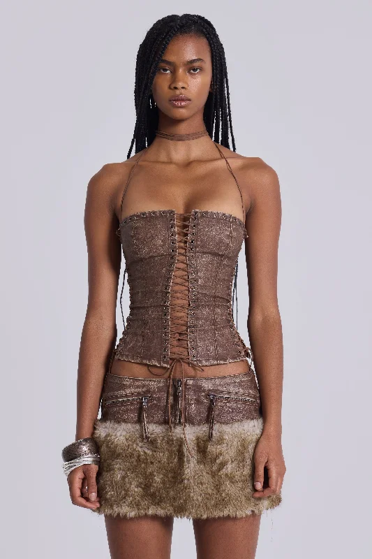 Gothic - inspired bustiers featuring dark colors and studsOdile Brown Faux Leather Lace Up Corset