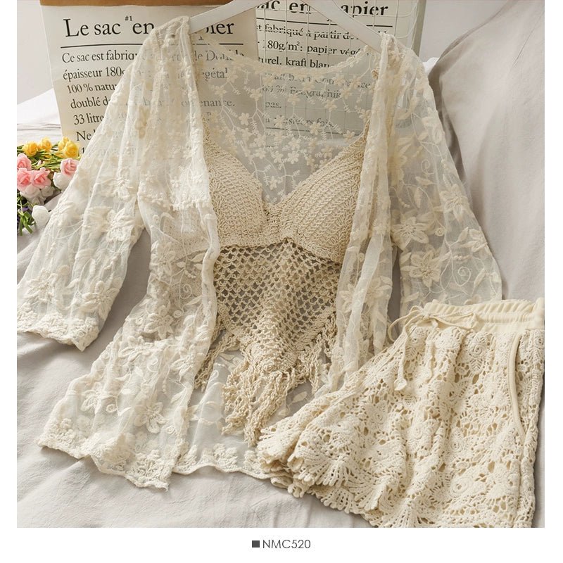 Women's Tummy Control Lingerie Three Piece Crochet Beach Resort Set - Three Piece Crochet Set By Sinderella