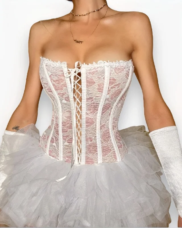 Victorian - era corsets with intricate boning details90s Medium Plunge Coquette White Lace-Up Strapless Corset Top | Sexy Ballet-Core, Pink Victorian - era corsets with intricate boning details90s Medium Plunge Coquette White Lace-Up Strapless Corset Top | Sexy Ballet-Core, Pink