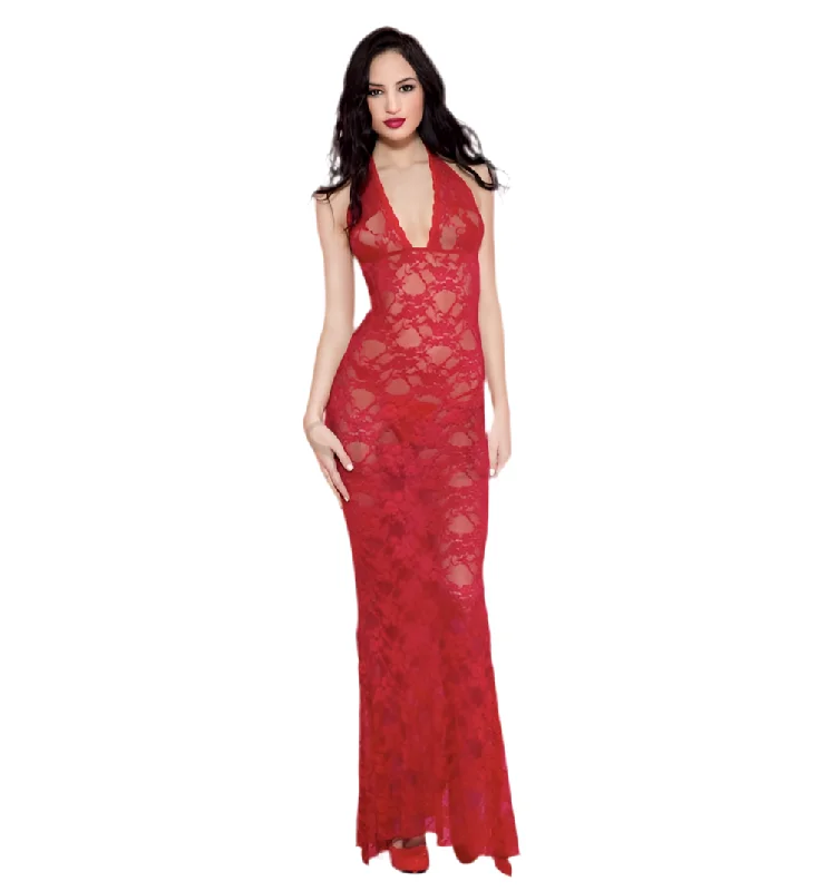 Women's Silk Lingerie Sets Long Lace Halter Gown Red