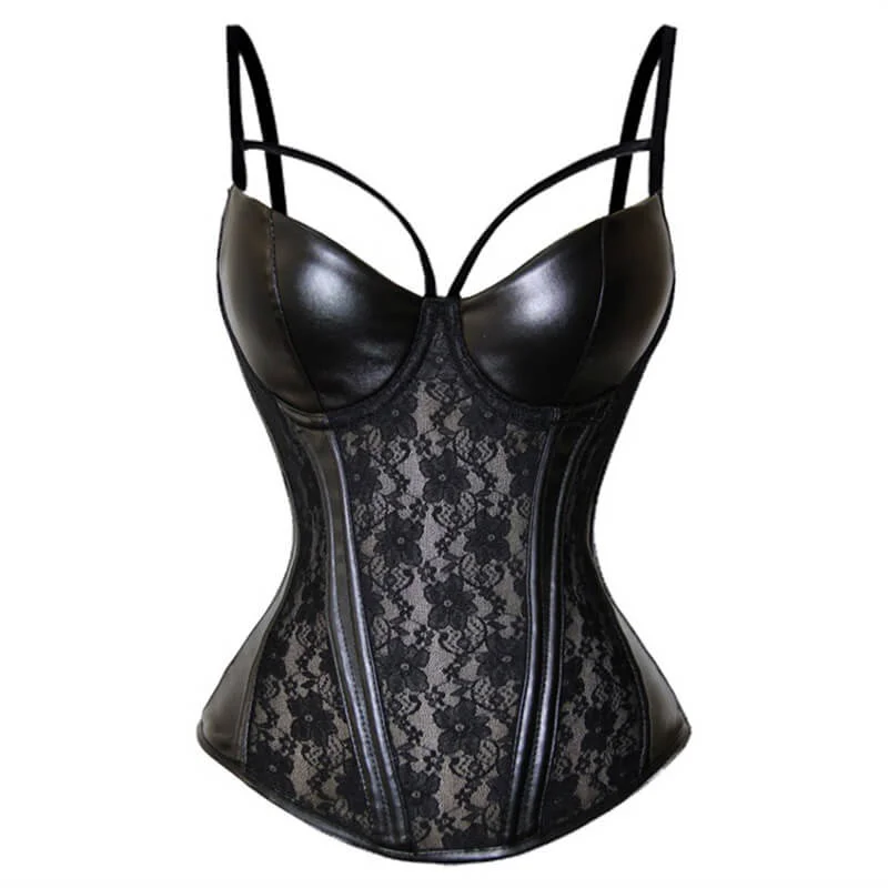 Black bustiers for a classic and versatile lookBlack Lace Leather Corset Bustier