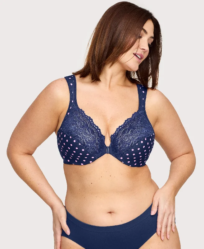 Bra with a push - up insert for extra cleavage on demand Front-Closure WonderWire Bra Navy Print Bra with a push - up insert for extra cleavage on demand Front-Closure WonderWire Bra Navy Print