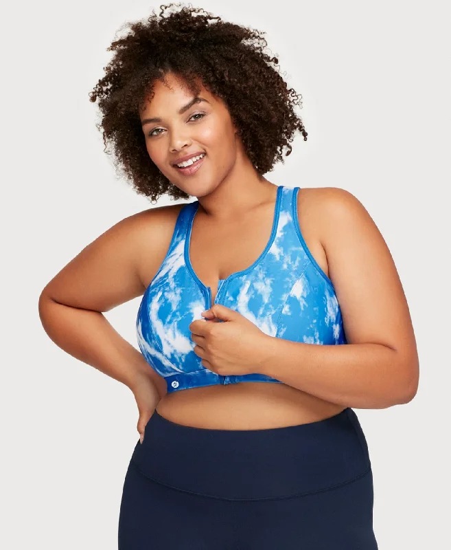 Bra with a multi - way strap system for different outfits Front-Closure Zip Up Sports Bra Blue Tie-Dye Bra with a multi - way strap system for different outfits Front-Closure Zip Up Sports Bra Blue Tie-Dye