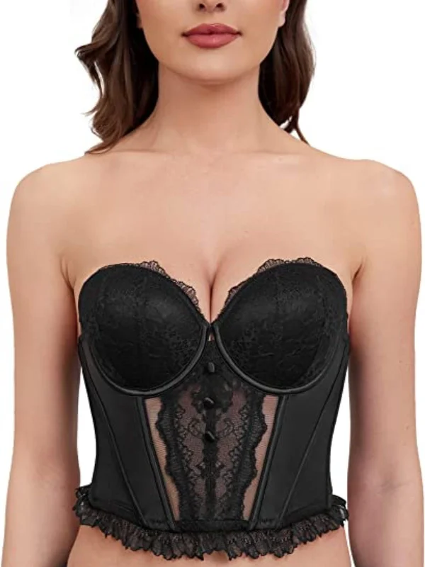 Bra with a racerback design for better mobility Strapless Bra Longline Corset Push Up Boned Underwire Sexy Sheer Mesh Lace-Trim Black Bra with a racerback design for better mobility Strapless Bra Longline Corset Push Up Boned Underwire Sexy Sheer Mesh Lace-Trim Black
