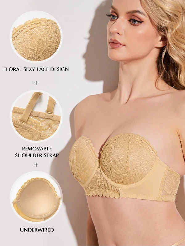 Push - up bras to add cleavage and lift​ Strapless Floral Lace Underwire Bra Nude