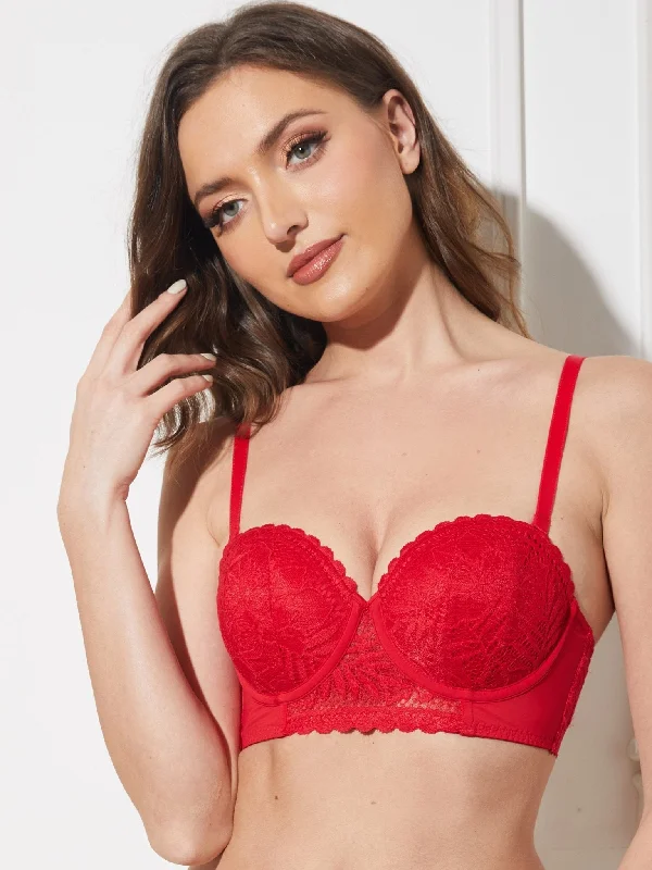 Bra with a lace - lined cup for a feminine and elegant look Strapless Floral Lace Underwire Bra Lava Red Bra with a lace - lined cup for a feminine and elegant look Strapless Floral Lace Underwire Bra Lava Red