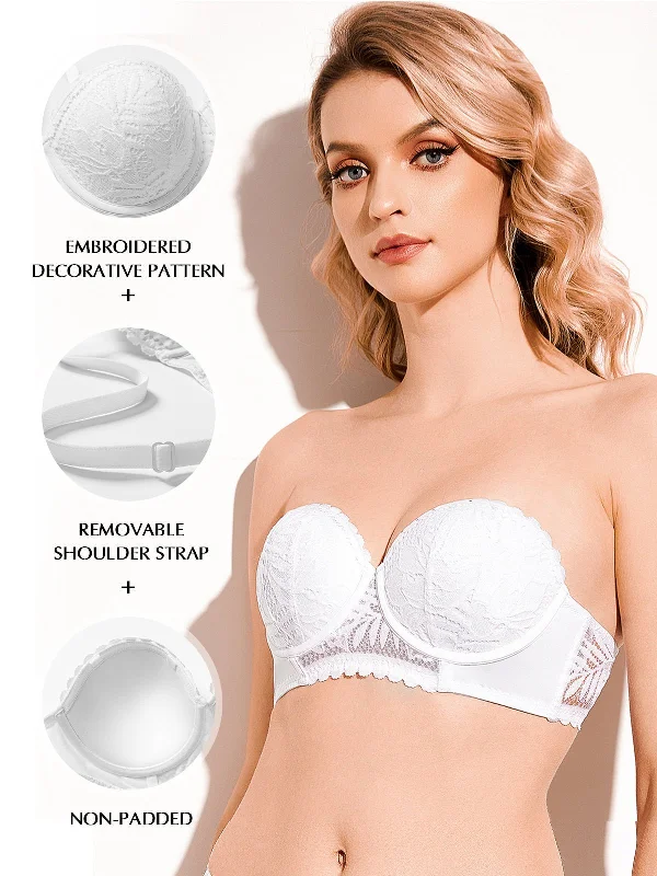 Unpadded bras for a natural and lightweight feel Strapless Floral Lace Underwire Bra White Unpadded bras for a natural and lightweight feel Strapless Floral Lace Underwire Bra White