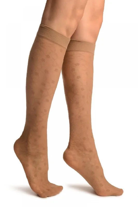 Women's over - the - calf socks with a stripe designBeige Orchids On Lace Socks Knee High Women's over - the - calf socks with a stripe designBeige Orchids On Lace Socks Knee High