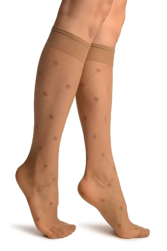 Women's over - the - calf socks with a stripe designBeige With Woven Mesh & Clover Socks Knee High Women's over - the - calf socks with a stripe designBeige With Woven Mesh & Clover Socks Knee High