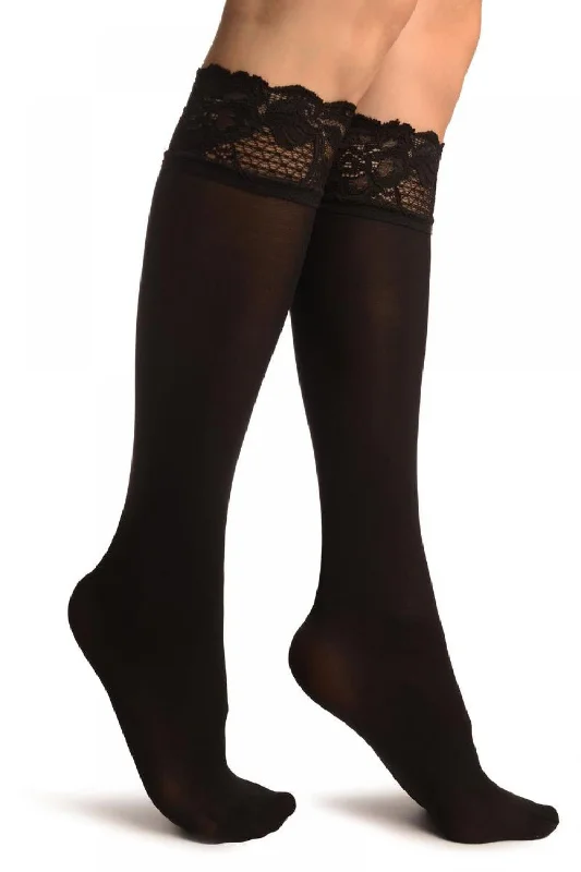 Black Pain With Floral Silicon Lace Socks Knee High