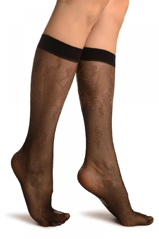 Black With Large Paisley & Clover Socks Knee High