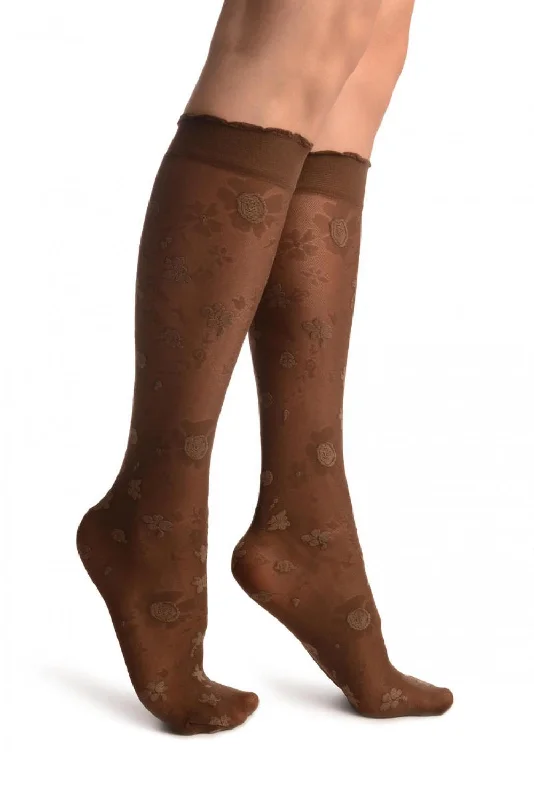 Women's moisture - wicking socks for sportsBrown Opaque Flowers On Micro Mesh Knee High Socks Women's moisture - wicking socks for sportsBrown Opaque Flowers On Micro Mesh Knee High Socks