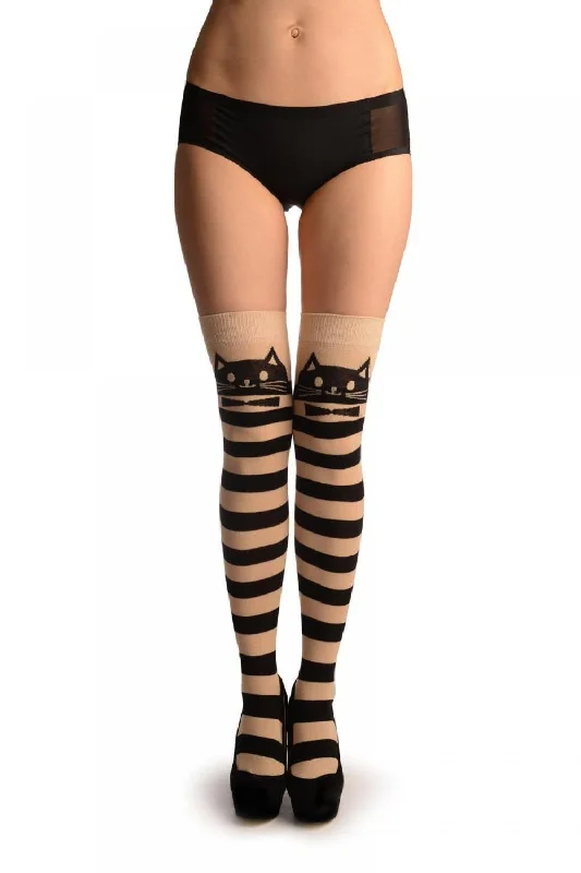 Women's quick - dry socks for water activitiesCat On Beige With Beige & Black Stripes Women's quick - dry socks for water activitiesCat On Beige With Beige & Black Stripes