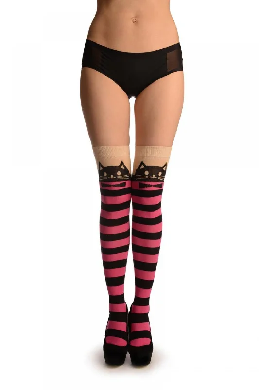 Women's thigh - high socks in a fishnet patternCat On Beige With Pink & Black Stripes Women's thigh - high socks in a fishnet patternCat On Beige With Pink & Black Stripes