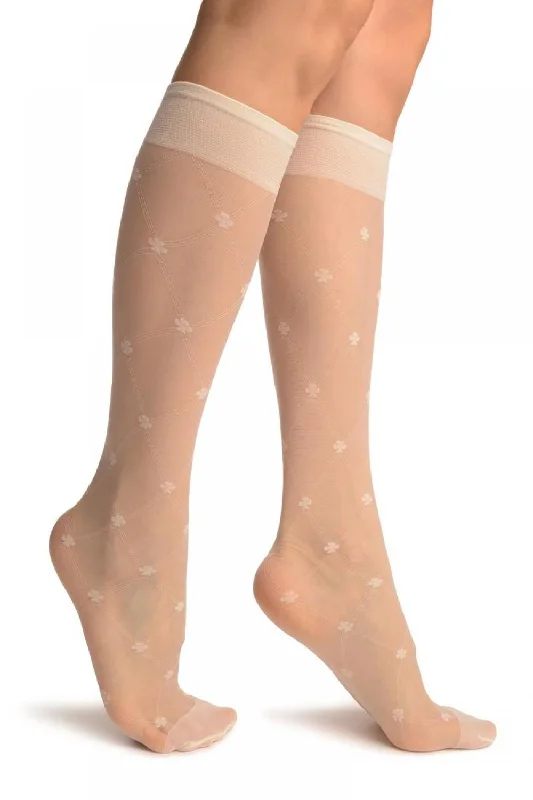 Women's nylon - reinforced socks for durabilityCream With Woven Mesh & Clover Socks Knee High Women's nylon - reinforced socks for durabilityCream With Woven Mesh & Clover Socks Knee High