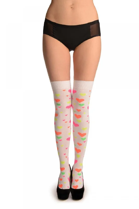 Women's leather - look socks for an edgy styleFluorescent Yellow, Orange, Pink & Green Hearts On White Women's leather - look socks for an edgy styleFluorescent Yellow, Orange, Pink & Green Hearts On White