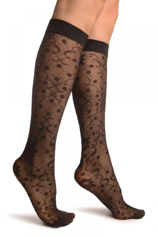 Grey Orchids On Lace Socks Knee High