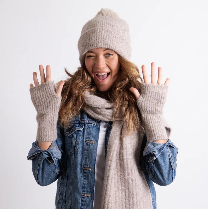 KNITTED HAT SCARF & ARM WARMER GIFT SET Womens Oat