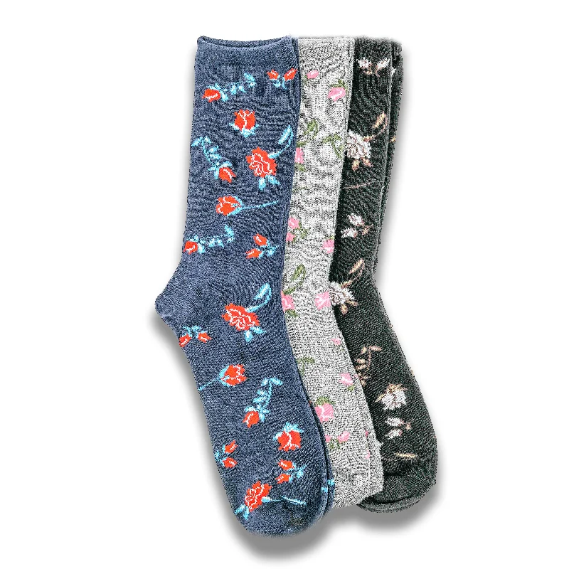 Women's arch - support socks for better comfort3-Pack Ladies Bamboo Rose Patterned Crew Socks Women's arch - support socks for better comfort3-Pack Ladies Bamboo Rose Patterned Crew Socks