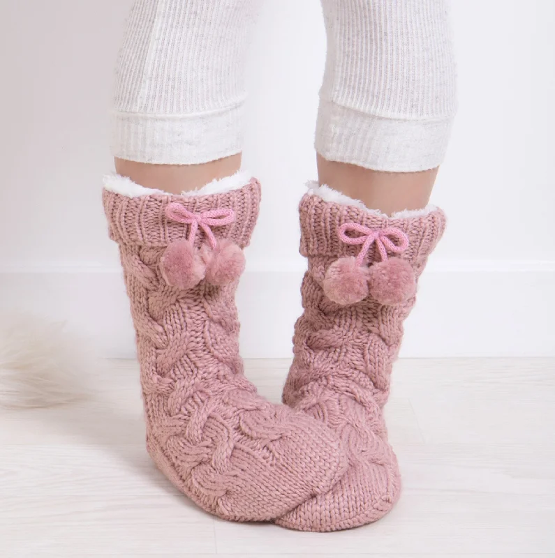 LUXURY CHUNKY KNIT Pom Slipper-Sox Womens Dusky Pink