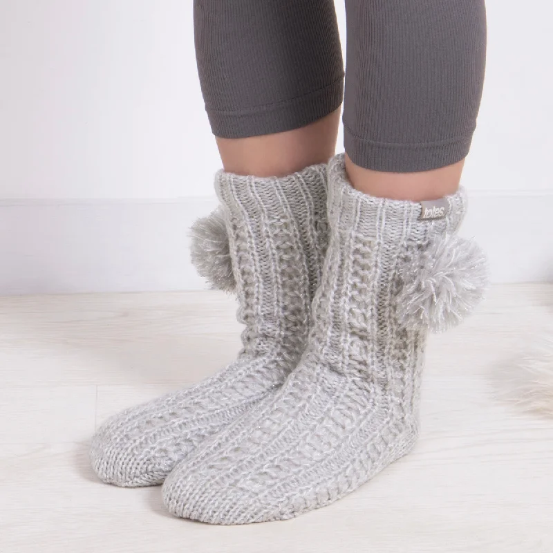 LUXURY SPARKLE Pom Slipper-Sox Womens Grey