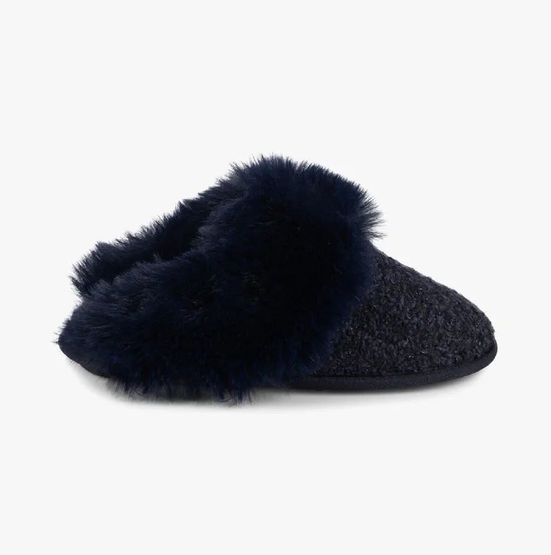 TEXTURED SPARKLE FAUX FUR MULE Slippers Womens Navy